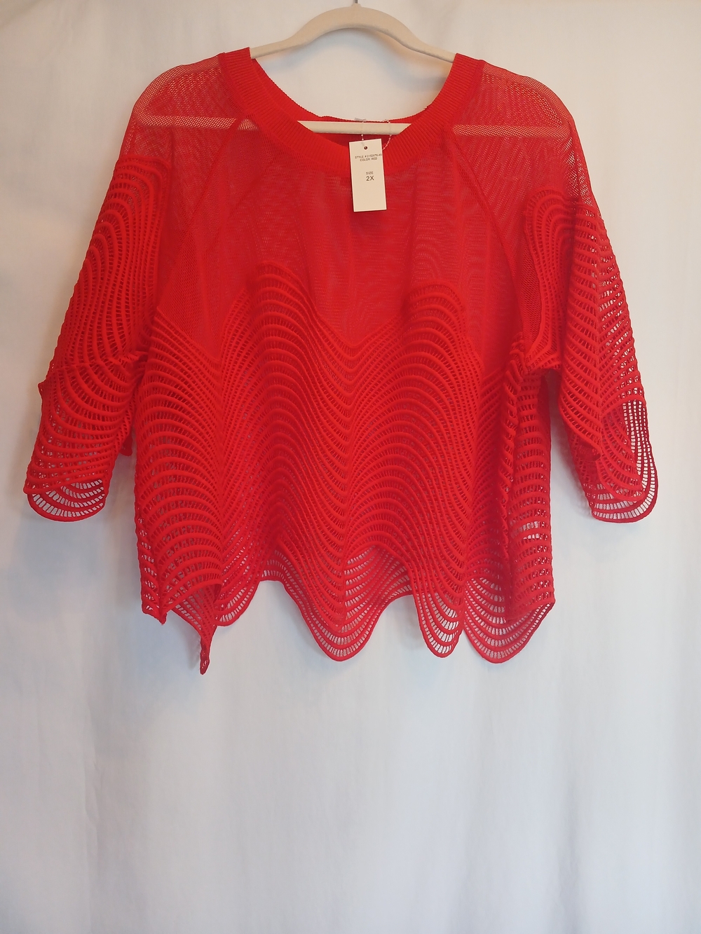 Mirror Image Red Crochet Mesh Crew Neck Scalloped Hem Top 2X New!
